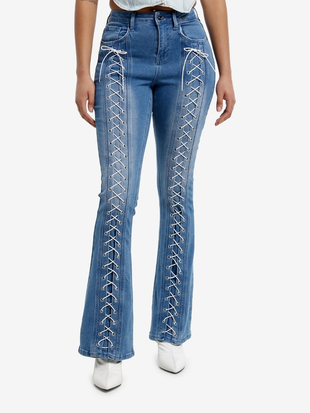 Hot Topic Blue Lace-Up Flare Jeans with White Laces